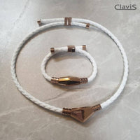 Magnetic golf bracelet and necklace set in white rose gold, Korean wellness gear for sports, energy recovery, and athletic performance.