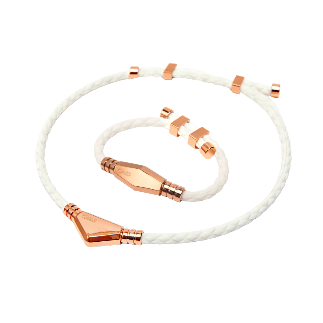 Ares Ultra Strength Magnetic Therapy Bracelet & Necklace Set in White Rose Gold, ideal for athletes and golf recovery. Clavis quality.
