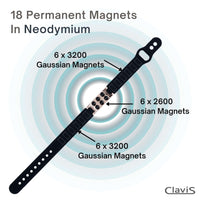 Diagram of Clavis magnetic therapy bracelet with 18 neodymium magnets for golf recovery and sport performance enhancement.
