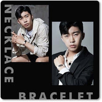 Man wearing necklace and bracelet, showcasing fashion accessories in casual and formal settings.