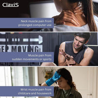 Image showing neck, wrist, and arm muscle pain relief solutions from Clavis for computer use, sports, and household tasks.