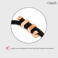 Close-up of Clavis magnetic therapy bracelet, adjustable length with rose gold clasps, ideal for migraine relief and athletic recovery.