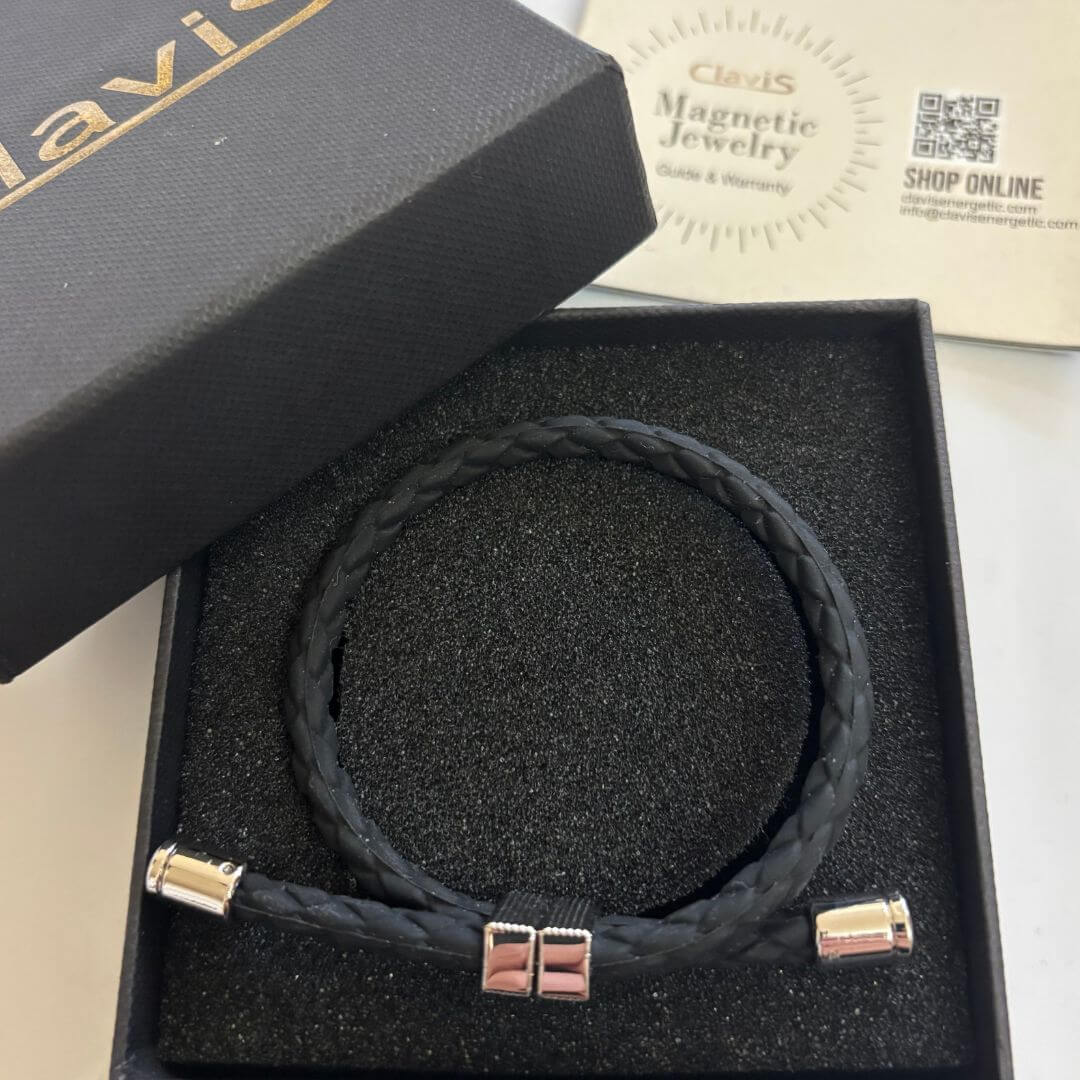 Neodymium 3600 Strap Lightweight Bracelet in black box, Clavis athletic edition, enhances energy, magnetic golf and recovery band.