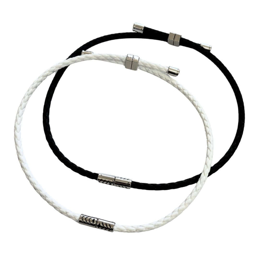Neodymium magnetic necklaces, black and white, sport performance band, energy recovery bracelet, Clavis athletic edition, wellness gear