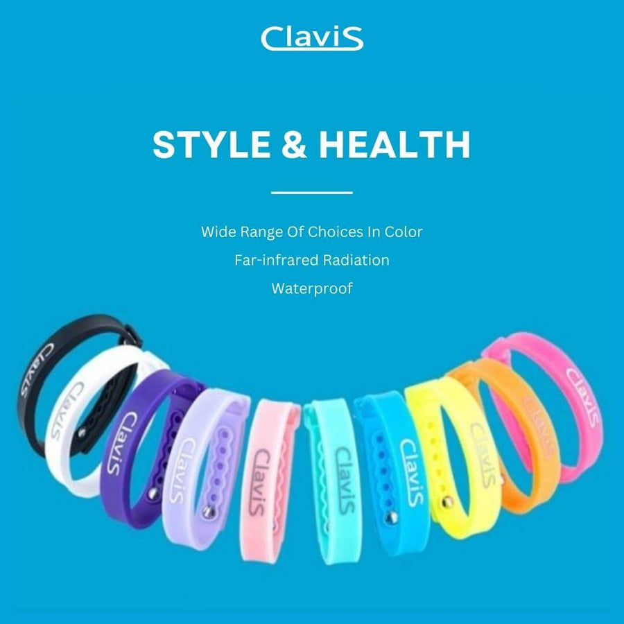 Colorful Clavis athletic bracelets displayed, promoting style and health with magnetic therapy for athletes and golf recovery gear.