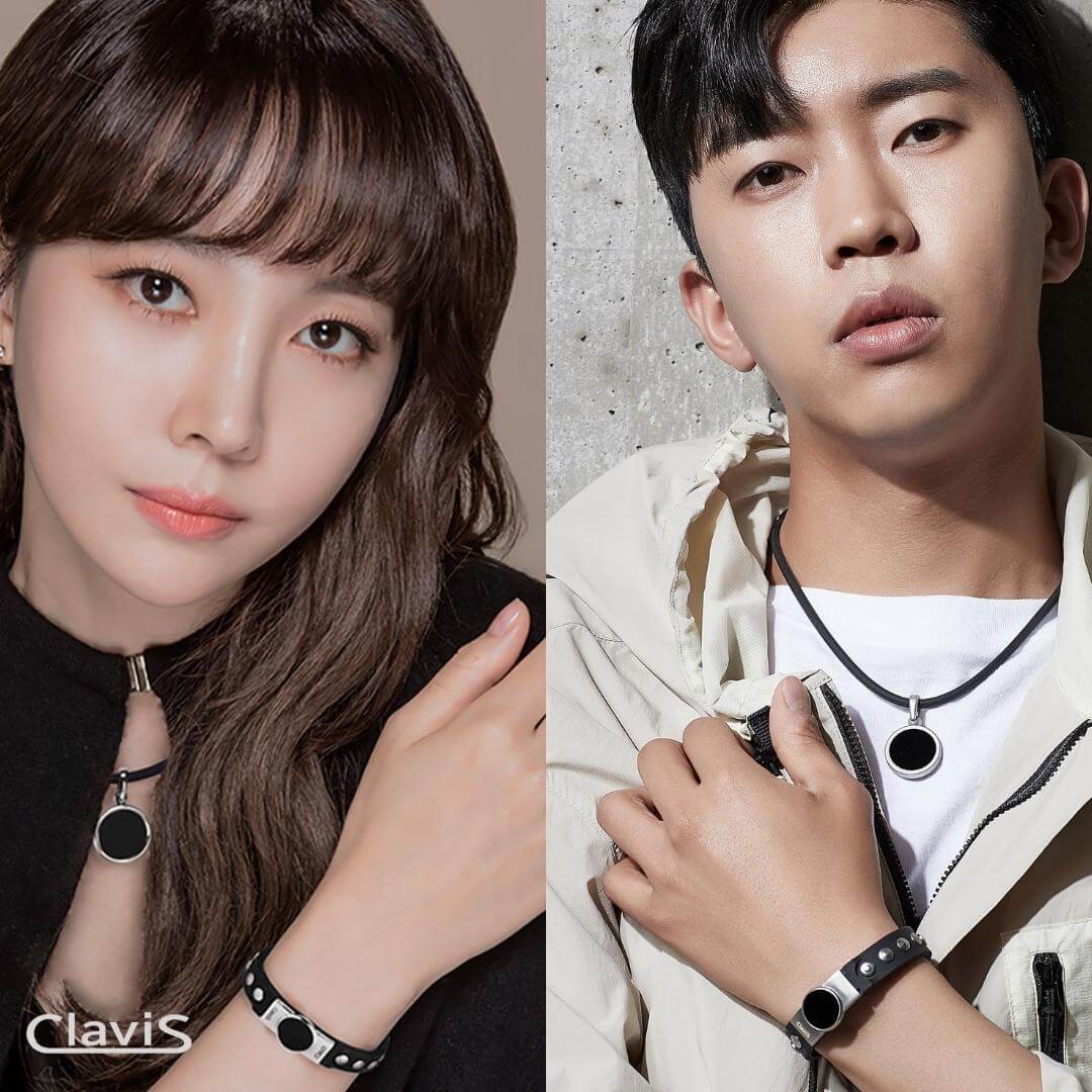 Models wearing Clavis Hero High Power Gauss Magnetic Therapy Bracelet & Necklace Set in White Rose Gold for athletic performance.