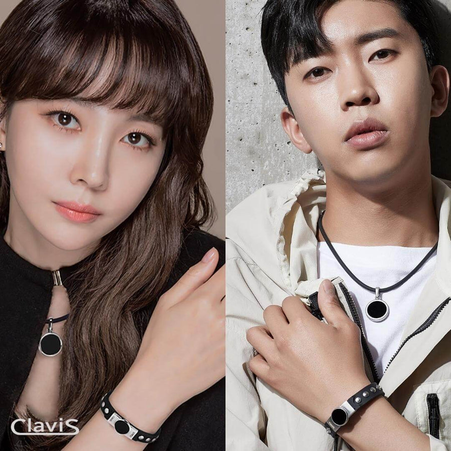 Models wearing Clavis Hero High Power Gauss Magnetic Therapy Bracelet & Necklace Set in White Rose Gold for athletic performance.