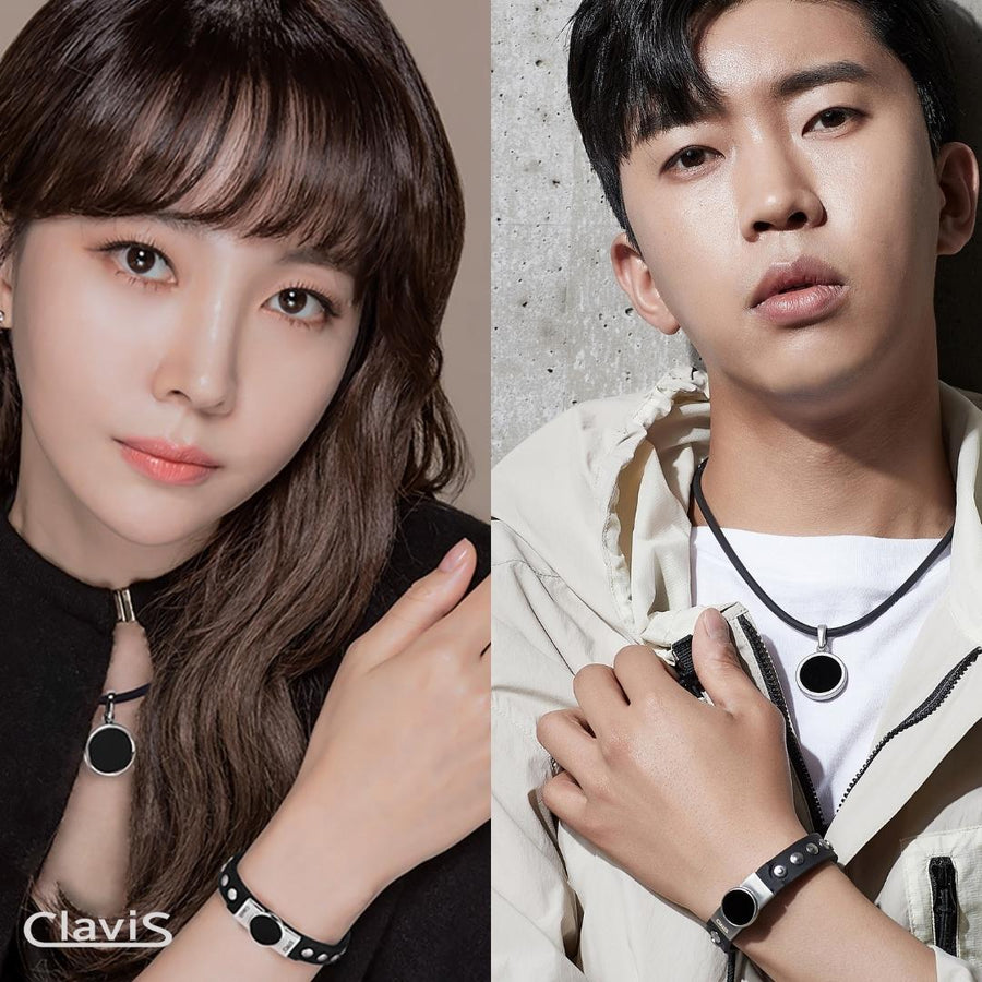 Models wearing Clavis Hero High Power Gauss Magnetic Therapy Bracelet & Necklace Set in black rose gold for energy recovery.