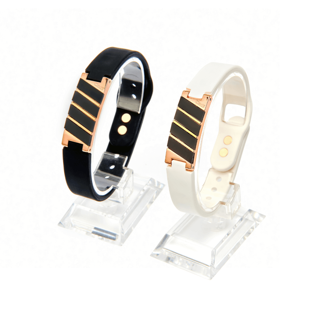 Dona High Power Health Magnetic Bracelets in black and white rose gold, ideal for athletes seeking energy recovery and pain relief.