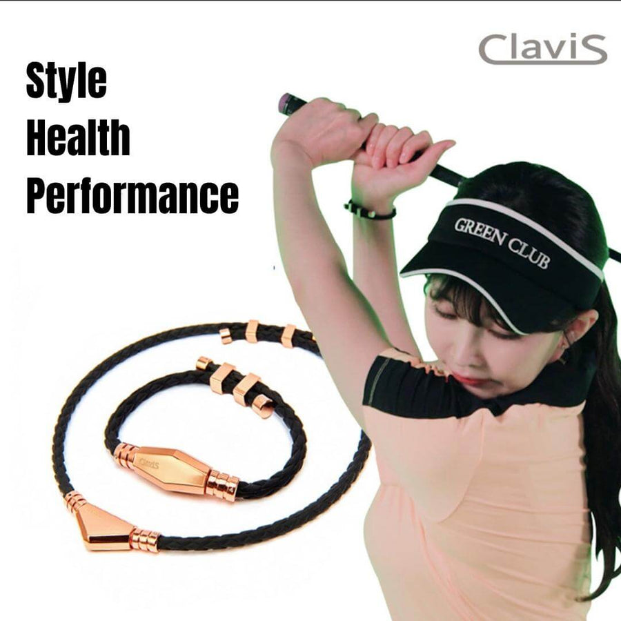 Ares Ultra Strength Magnetic Therapy Bracelet & Necklace Set in white rose gold, worn by a golfer, enhancing sport performance.