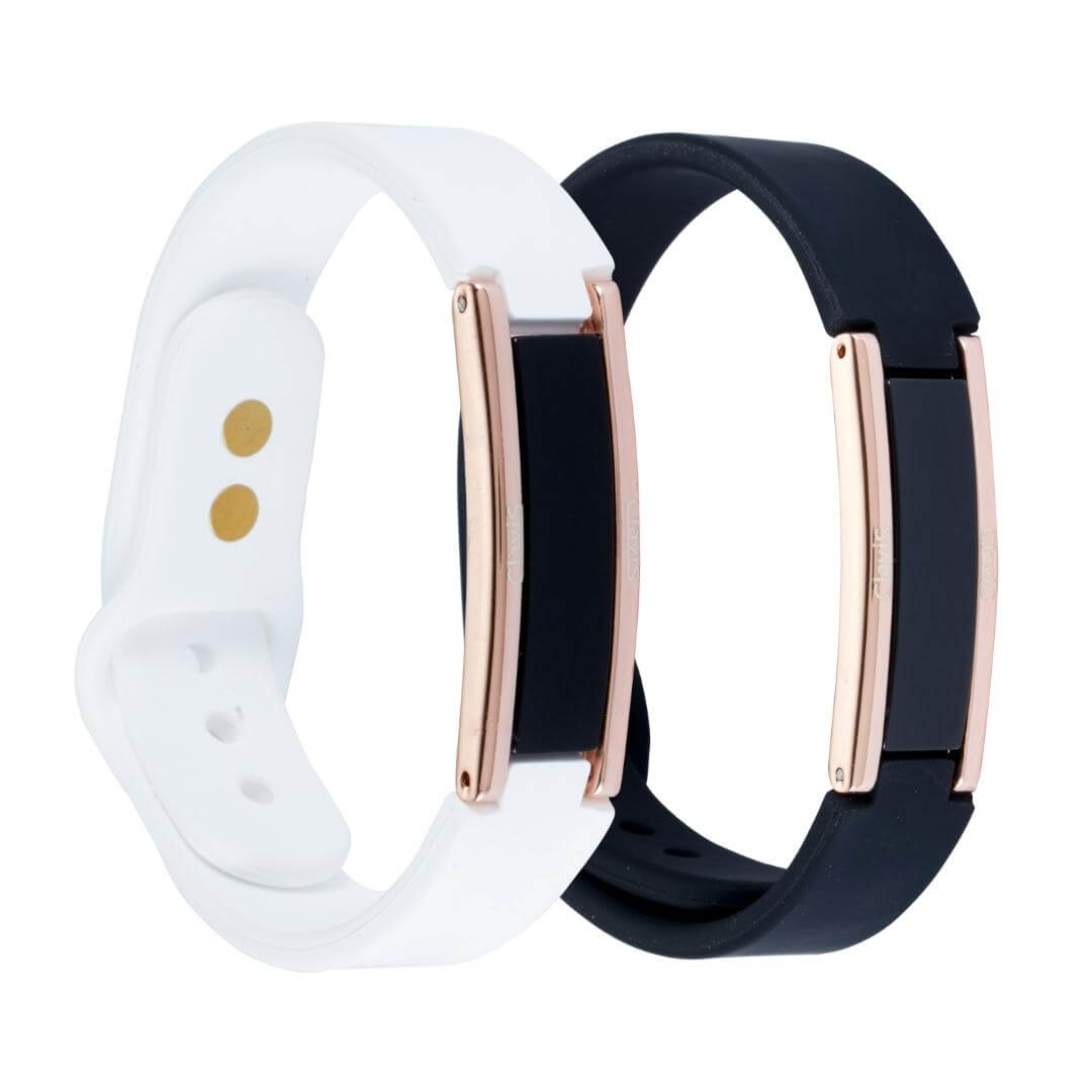 White and black Hera High Power Gauss Magnetic Therapy Bracelets with adjustable silicone bands for athletic and wellness benefits.
