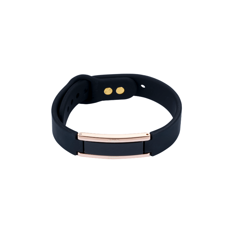 High power magnetic therapy bracelet with black silicone band and gold accents, designed for enhanced blood flow and pain relief.