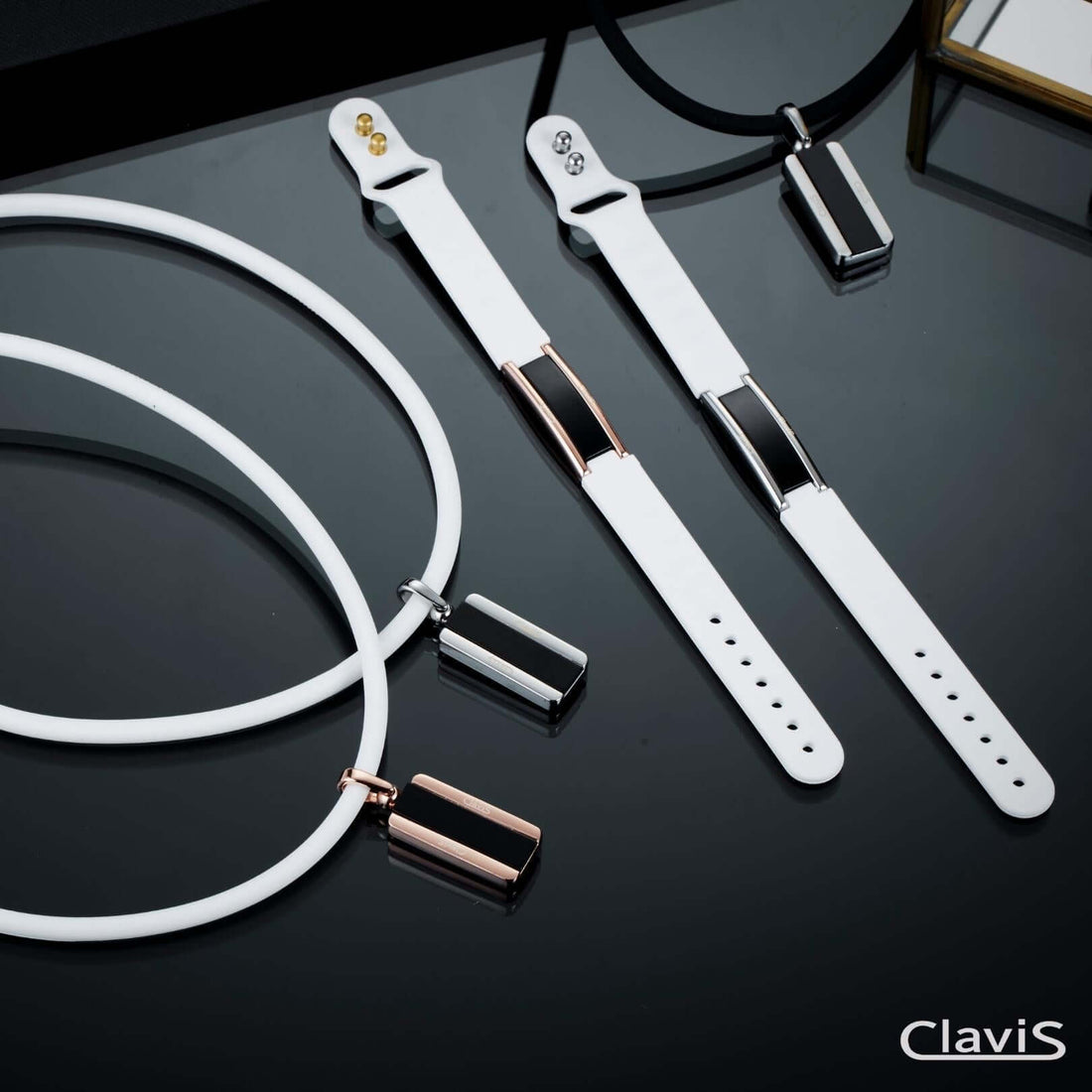 Hera High Power Gauss Magnetic Therapy Necklace and Bracelet - White Rose Gold, Clavis Korean wellness bracelet, magnetic golf gear.