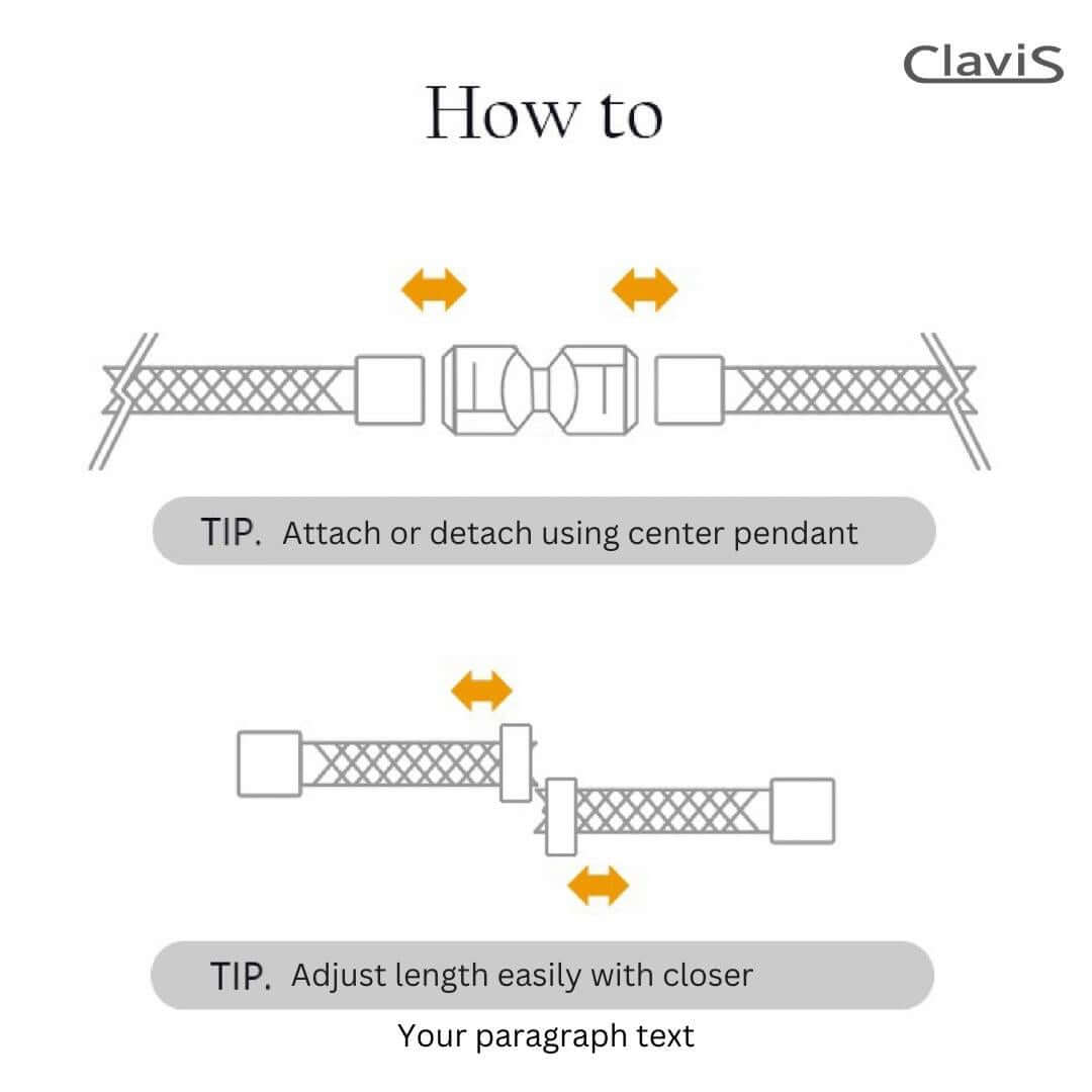 Diagram showing how to attach and adjust the Clavis bracelet with center pendant and clasp instructions.