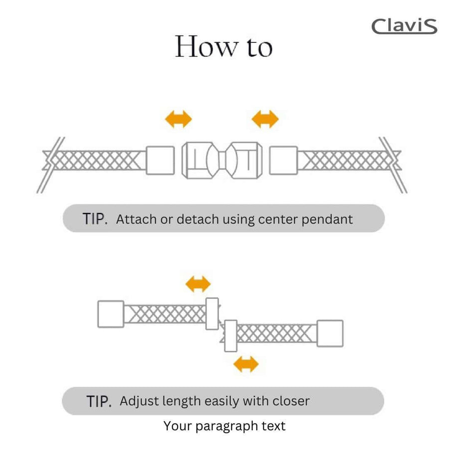 Diagram showing how to attach and adjust the Clavis bracelet with center pendant and clasp instructions.