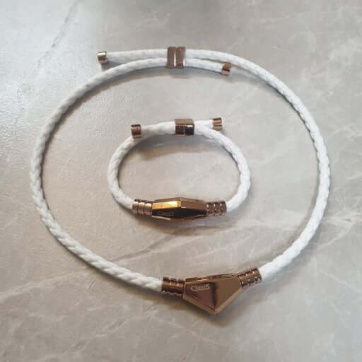 Ares Ultra Strength Magnetic Therapy Bracelet & Necklace Set in White Rose Gold by Clavis, ideal for athletic energy recovery.