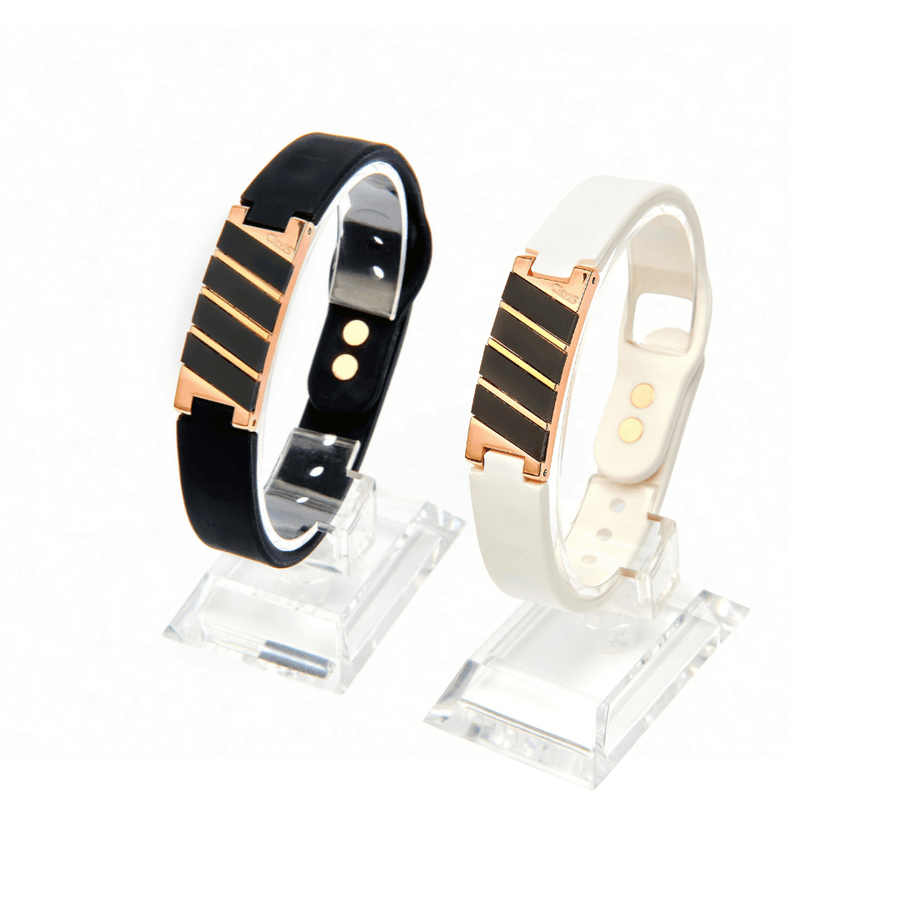 Dona High Power Health Magnetic Bracelets in Black and Rose Gold, featuring magnetic therapy for athletes and golf recovery gear.