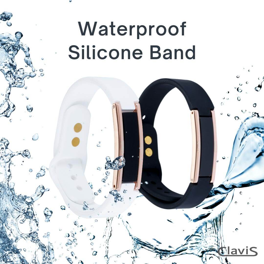 Waterproof silicone band featuring two magnetic therapy bracelets in white and black, designed for sports and wellness benefits.