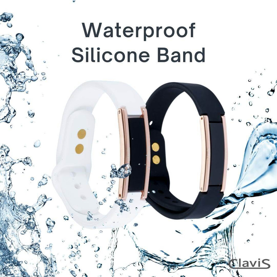 Waterproof silicone band featuring two magnetic therapy bracelets in white and black, designed for sports and wellness benefits.