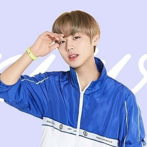 Individual wearing a blue and white sports jacket, posing against a light purple background, with hand on forehead.
