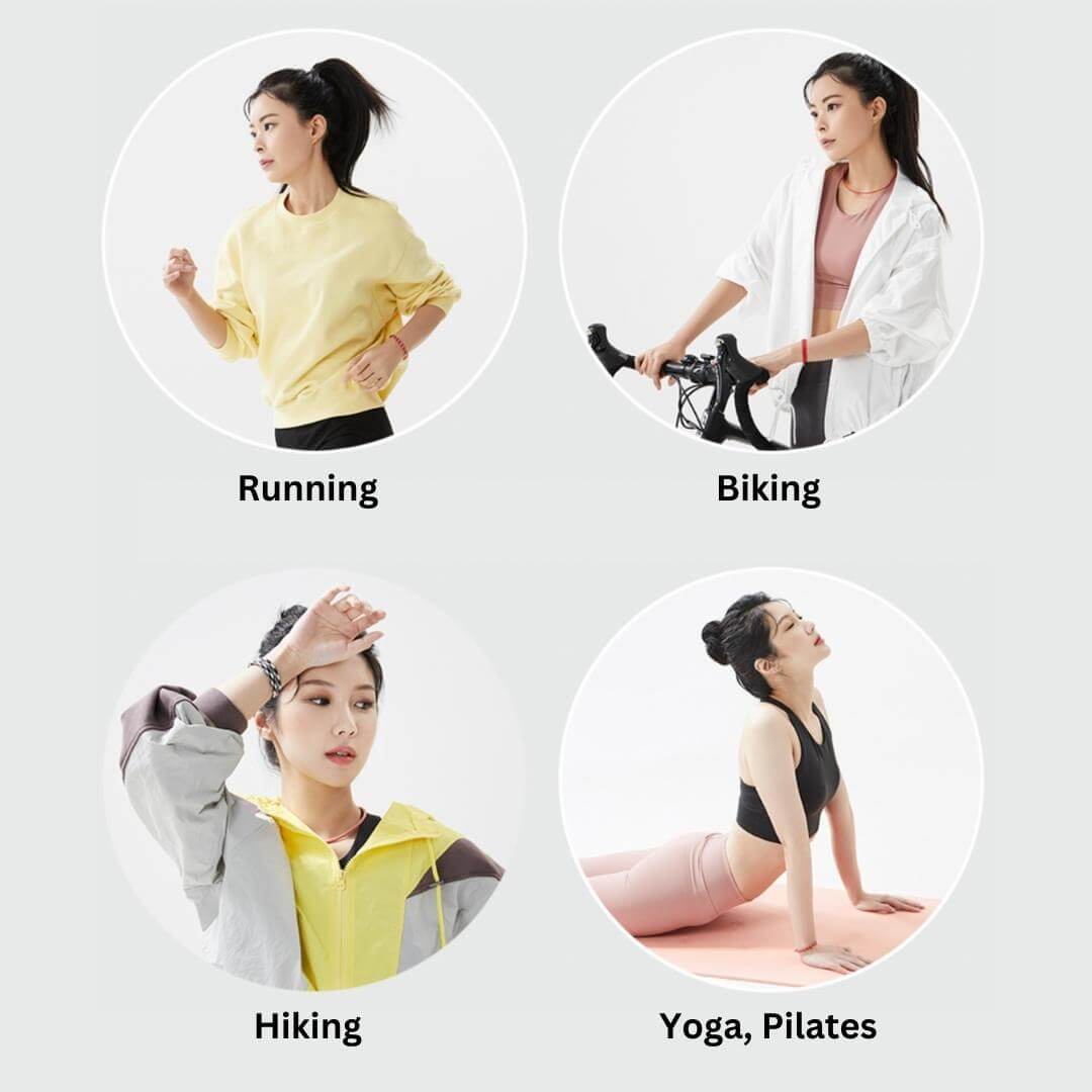 Women practicing running, biking, hiking, yoga, and pilates, illustrating active lifestyle and fitness.