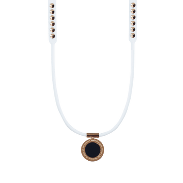 Onyx magnetic therapy necklace with white band and rose gold accents, crafted for athletes and wellness, Clavis edition for energy recovery.