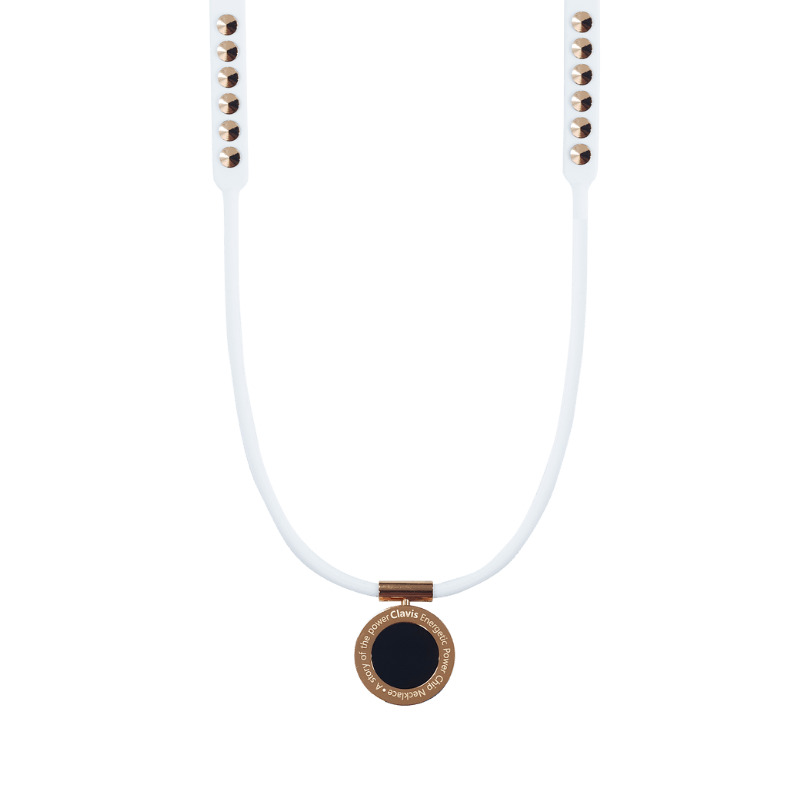 Onyx high power Gauss magnetic therapy necklace with white band and gold accents for athletes' energy recovery