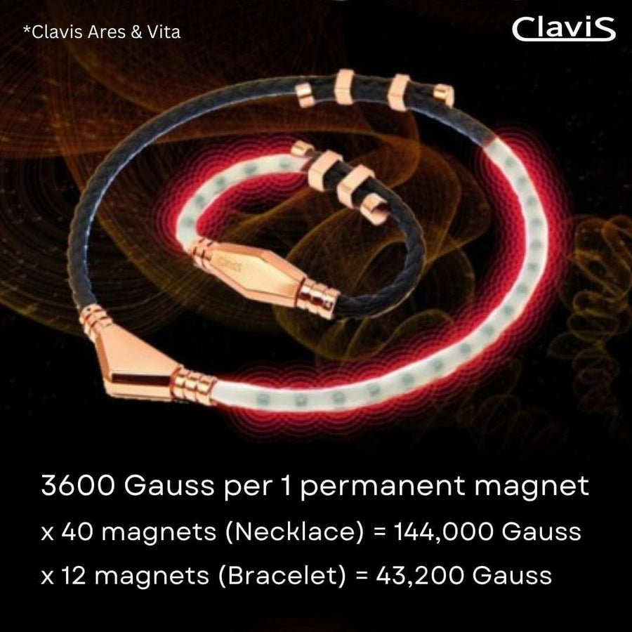 Clavis Ares & Vita magnetic bracelet and necklace with 3600 Gauss magnets, boosting energy and pain relief for athletes.