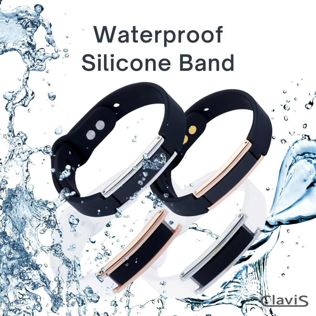 Clavis waterproof silicone band bracelets in black and rose gold designs, featuring durable magnetic therapy for athletes and wellness.